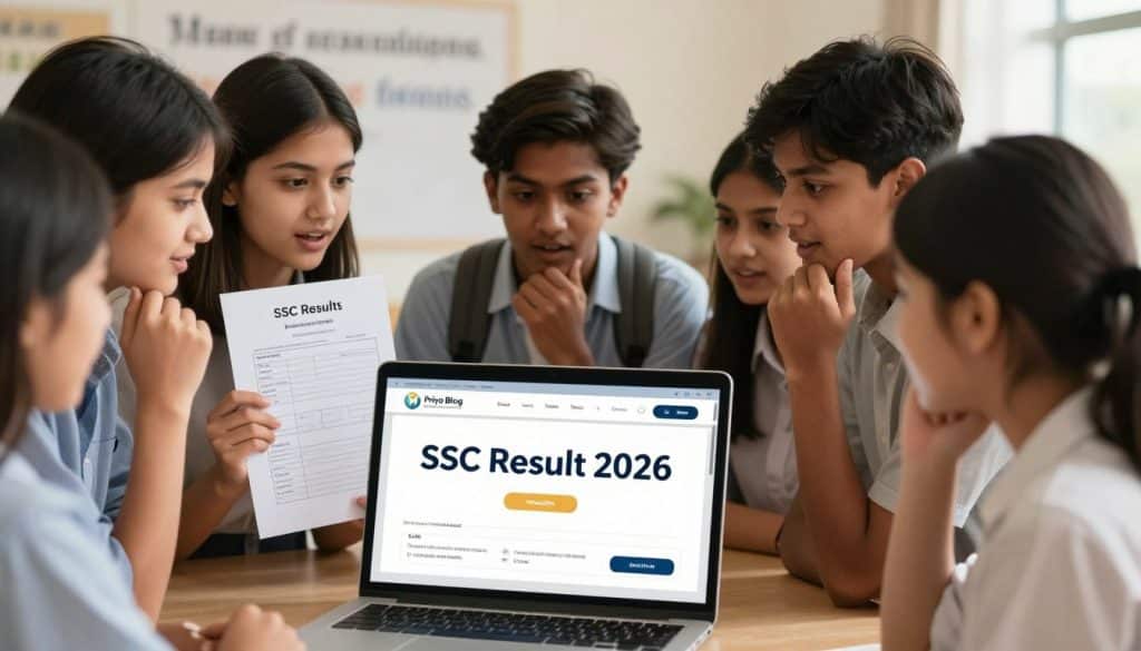 A dynamic and informative scene showcasing the concept of "SSC Result 2026." In the foreground, a group of diverse students, dressed in smart casual attire, gather around a modern digital device displaying the SSC result page. Their expressions are a mixture of anticipation and excitement. In the middle ground, an official looking document resembling a mark sheet can be partially seen, reflecting outstanding grades, emphasizing academic achievement. The background features a soft-focus educational environment, with a wall adorned with motivational quotes about education and success. Warm, natural lighting floods the scene, creating a positive and hopeful atmosphere. Capture the essence of preparation and eagerness surrounding the SSC results within the context of an academic setting associated with "Priyo Blog." A dynamic and informative scene showcasing the concept of "SSC Result 2026." In the foreground, a group of diverse students, dressed in smart casual attire, gather around a modern digital device displaying the SSC result page. Their expressions are a mixture of anticipation and excitement. In the middle ground, an official looking document resembling a mark sheet can be partially seen, reflecting outstanding grades, emphasizing academic achievement. The background features a soft-focus educational environment, with a wall adorned with motivational quotes about education and success. Warm, natural lighting floods the scene, creating a positive and hopeful atmosphere. Capture the essence of preparation and eagerness surrounding the SSC results within the context of an academic setting associated with "Priyo Blog."
