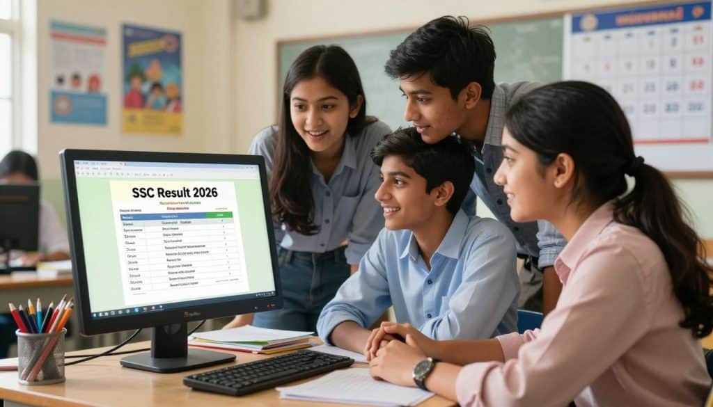 A vibrant scene depicting the SSC Result 2026 process. In the foreground, a computer screen displays a colorful digital mark sheet featuring grades and a congratulatory message, symbolizing success. A group of three students, dressed in smart casual attire, are gathered around the computer, looking excited and relieved, their expressions conveying happiness and accomplishment. The middle ground includes a well-organized study desk with stationery and books related to studies, emphasizing a scholarly atmosphere. In the background, a classroom wall displays educational posters and a calendar marked with important exam dates. Soft, natural lighting creates a warm and inviting environment, with a slight focus blur on the background, ensuring the computer screen and students remain the focal point. For branding, include a subtle logo of "Priyo Blog" on the computer screen, enhancing the educational theme. A vibrant scene depicting the SSC Result 2026 process. In the foreground, a computer screen displays a colorful digital mark sheet featuring grades and a congratulatory message, symbolizing success. A group of three students, dressed in smart casual attire, are gathered around the computer, looking excited and relieved, their expressions conveying happiness and accomplishment. The middle ground includes a well-organized study desk with stationery and books related to studies, emphasizing a scholarly atmosphere. In the background, a classroom wall displays educational posters and a calendar marked with important exam dates. Soft, natural lighting creates a warm and inviting environment, with a slight focus blur on the background, ensuring the computer screen and students remain the focal point. For branding, include a subtle logo of "Priyo Blog" on the computer screen, enhancing the educational theme.