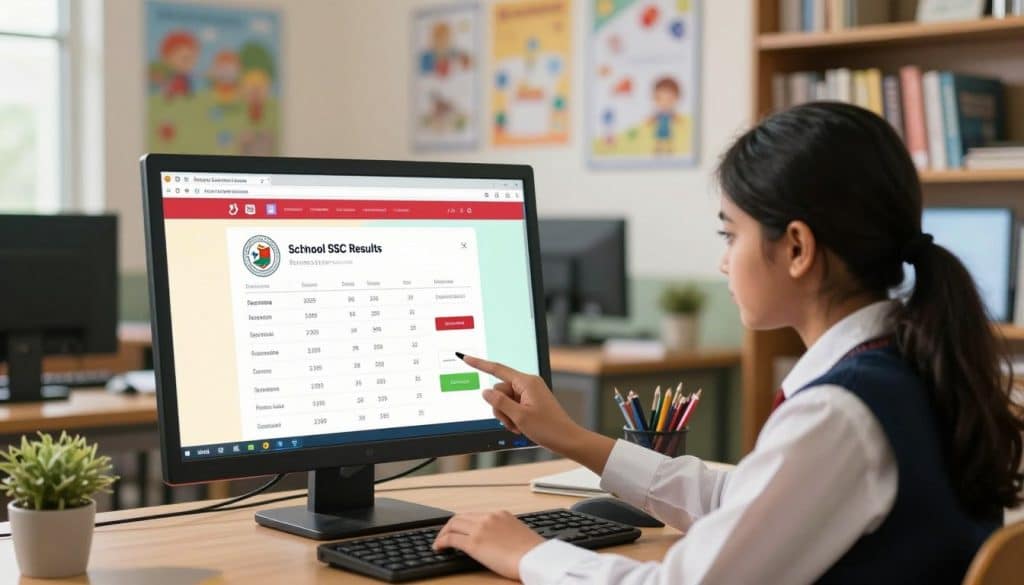 A visually engaging educational scene representing the process of checking SSC results using a school code. In the foreground, a student in professional attire, looking focused, is seated at a computer, entering the school code to retrieve exam results. The middle ground features a colorful screen displaying a digital result page with various grades and a school emblem. In the background, a well-lit classroom environment with educational posters and bookshelves enhances the academic atmosphere. The lighting is bright and inviting, casting soft shadows to create a warm mood, symbolizing hope and achievement. The overall composition reflects the topic's informative nature, designed for an article by Priyo Blog. A visually engaging educational scene representing the process of checking SSC results using a school code. In the foreground, a student in professional attire, looking focused, is seated at a computer, entering the school code to retrieve exam results. The middle ground features a colorful screen displaying a digital result page with various grades and a school emblem. In the background, a well-lit classroom environment with educational posters and bookshelves enhances the academic atmosphere. The lighting is bright and inviting, casting soft shadows to create a warm mood, symbolizing hope and achievement. The overall composition reflects the topic's informative nature, designed for an article by Priyo Blog.