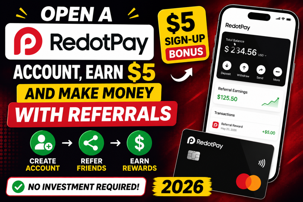 Open a RedotPay Account, Earn $5, and Make Money with Referrals – No Investment Required 2026 Open a RedotPay Account, Earn $5, and Make Money with Referrals – No Investment Required 2026